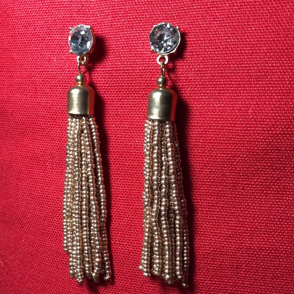 Diamond Style Rhinestone & Chain Dangle Earrings Gold Toned Pierced Back - Picture 2 of 8